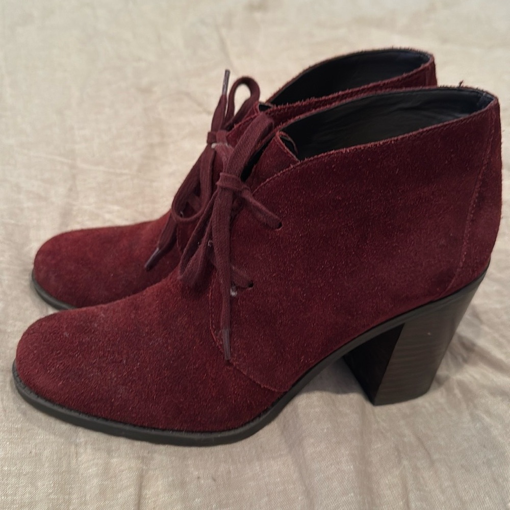 Franco Sarto Burgundy Suede “Nashville” Lace-Up Ankle Boot, Dark Red, Sz 8.5